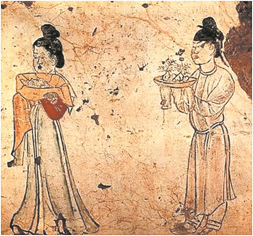 仕女手中即为"酥山"(左一)升级版"酥山"(左二)(章怀太子墓壁画)